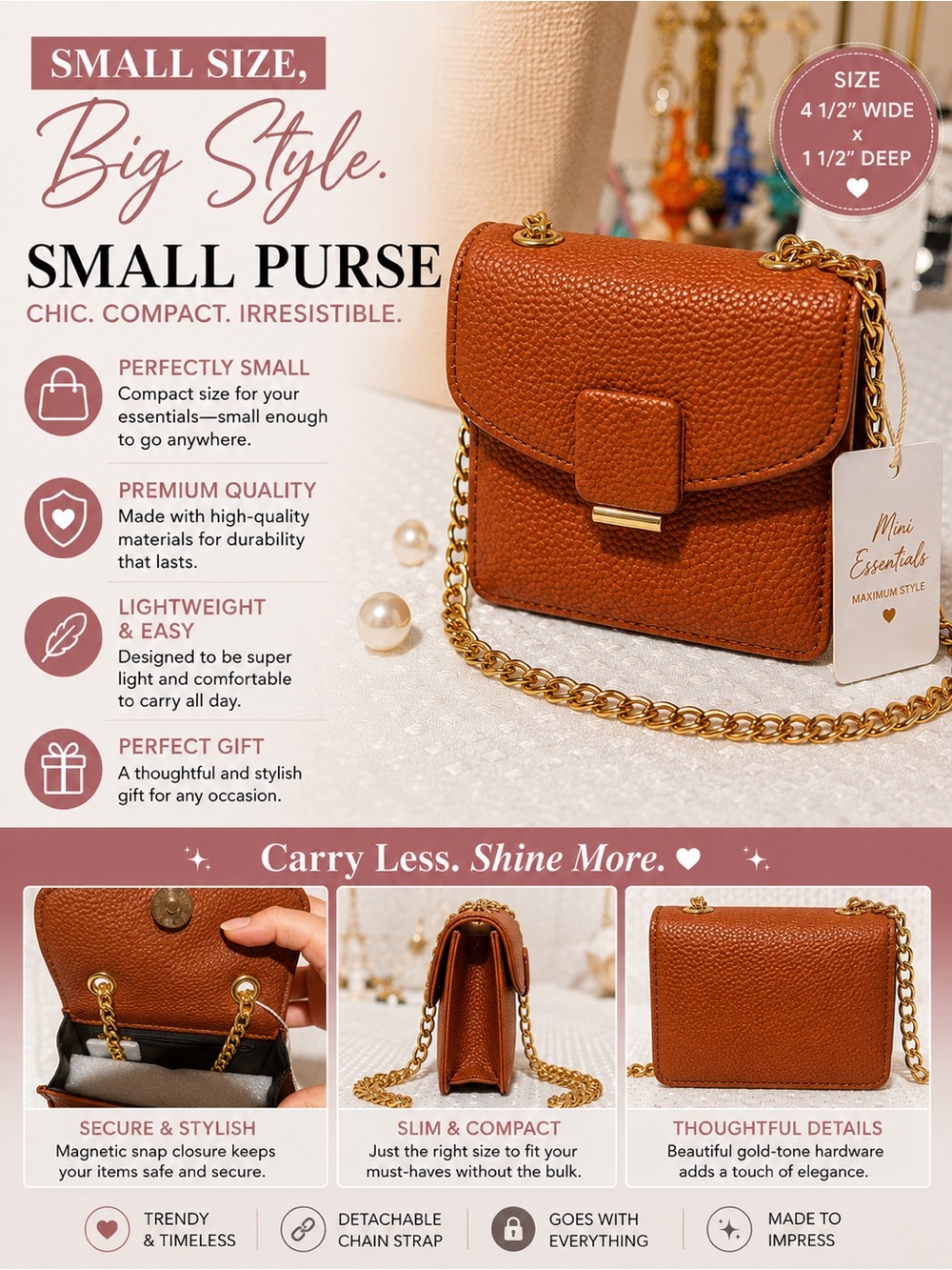 Essentials Pebbled Mini Purse in Chestnut Brown with Gold Chain